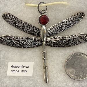 Silver Dragonfly Pendant with Red Gem